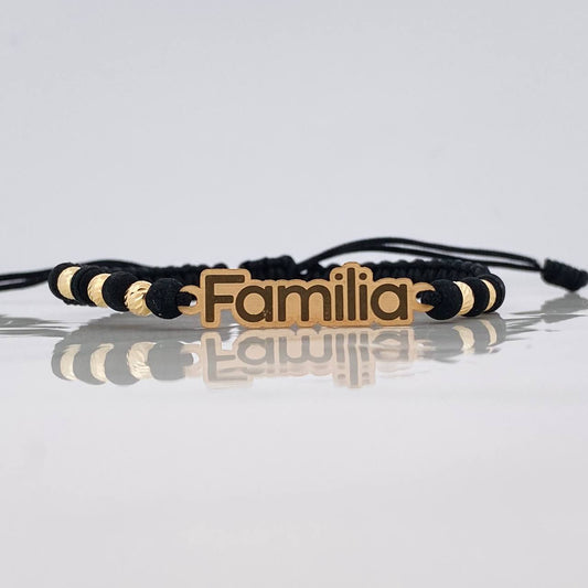 Pulsera Tejida Negra Herraje Placa Familia Oro Amarillo 18K