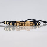 Black Woven Bracelet Charm Family Plate Yellow Gold 18K