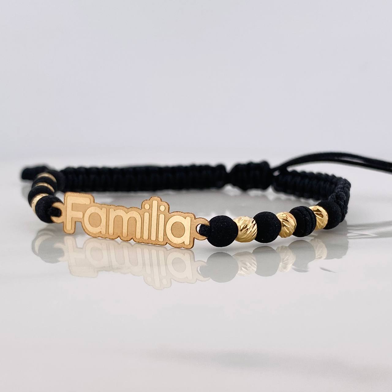 Black Woven Bracelet Charm Family Plate Yellow Gold 18K
