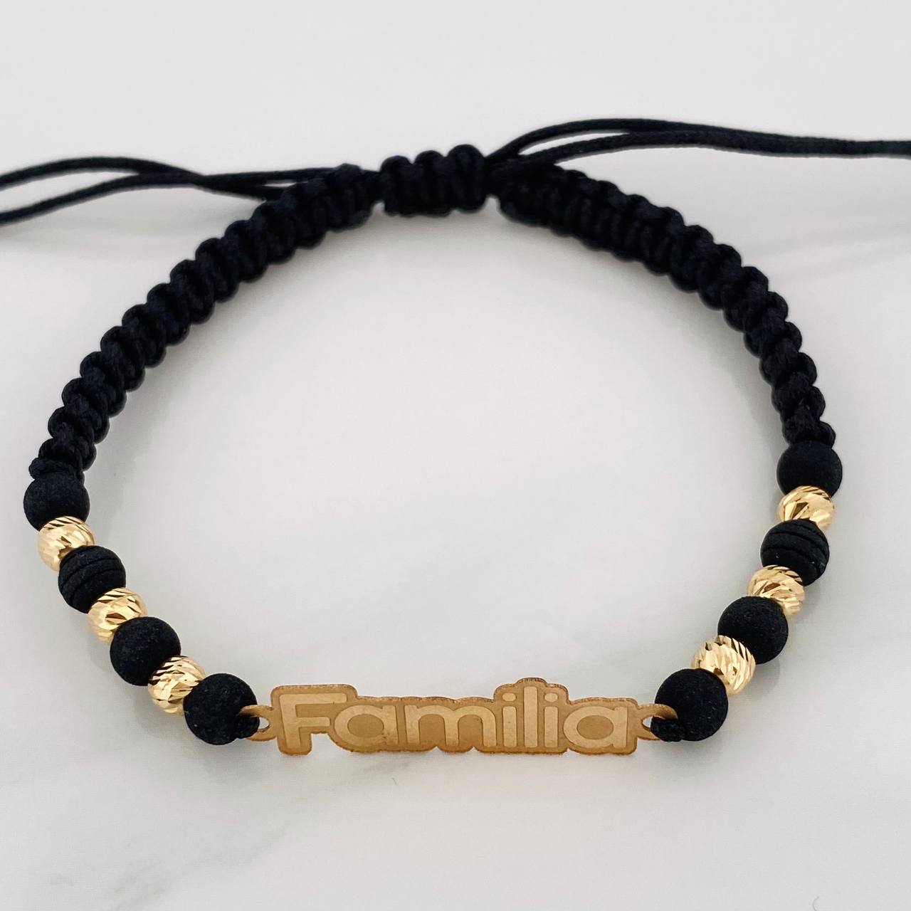 Black Woven Bracelet Charm Family Plate Yellow Gold 18K