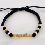Black Woven Bracelet Charm Family Plate Yellow Gold 18K