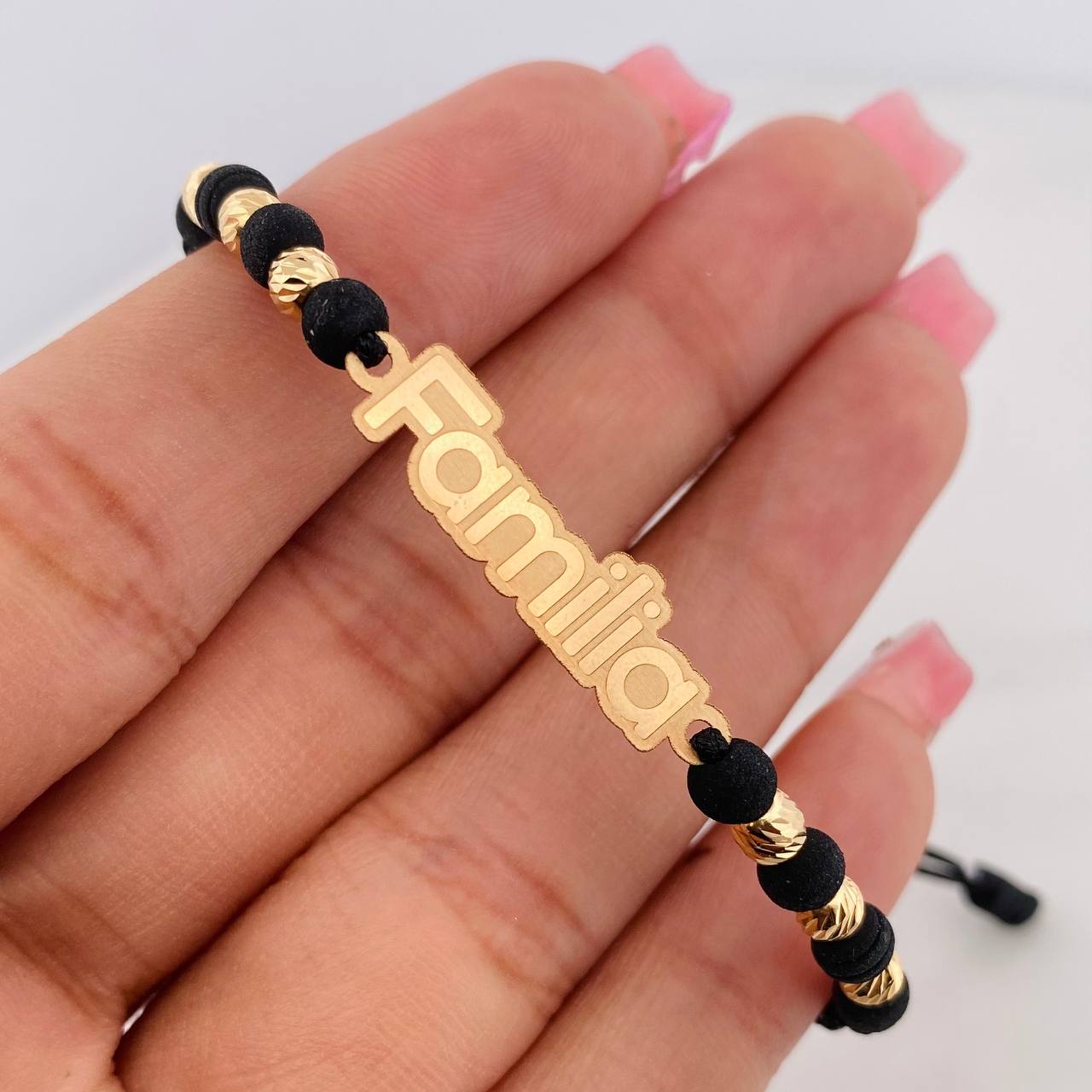 Black Woven Bracelet Charm Family Plate Yellow Gold 18K