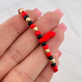 Red Woven Bracelet Protection 5 Diamond Cut Beads Yellow Gold 18K