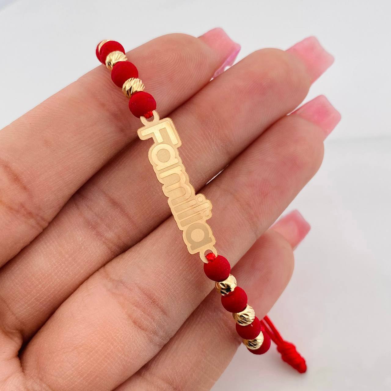 Red Woven Bracelet Charm Family Plate Yellow Gold 18K