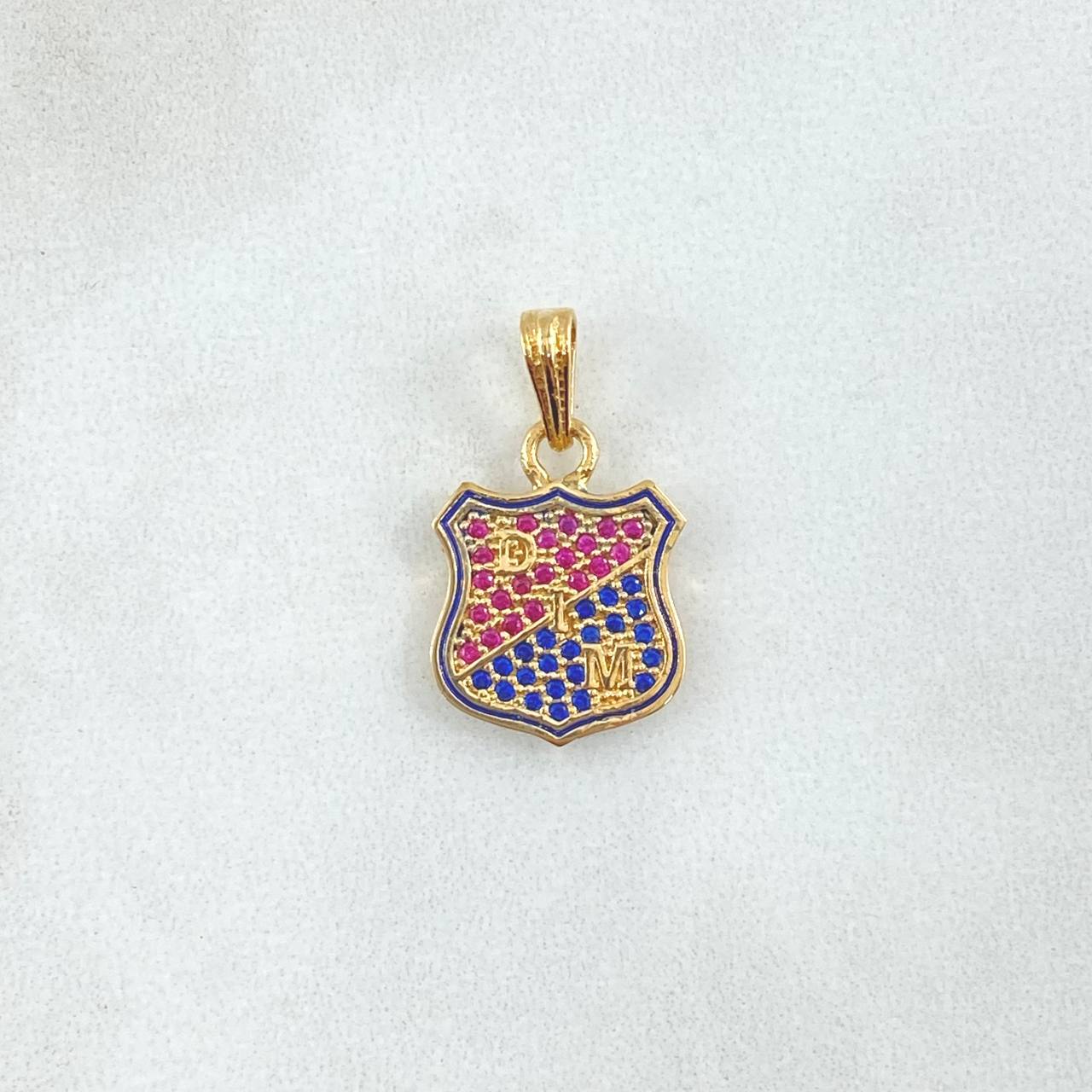 Dije Escudo Independiente Medellin 2gr / 2.2cm / Circones Fuscias Azules Oro Amarillo 18K ©