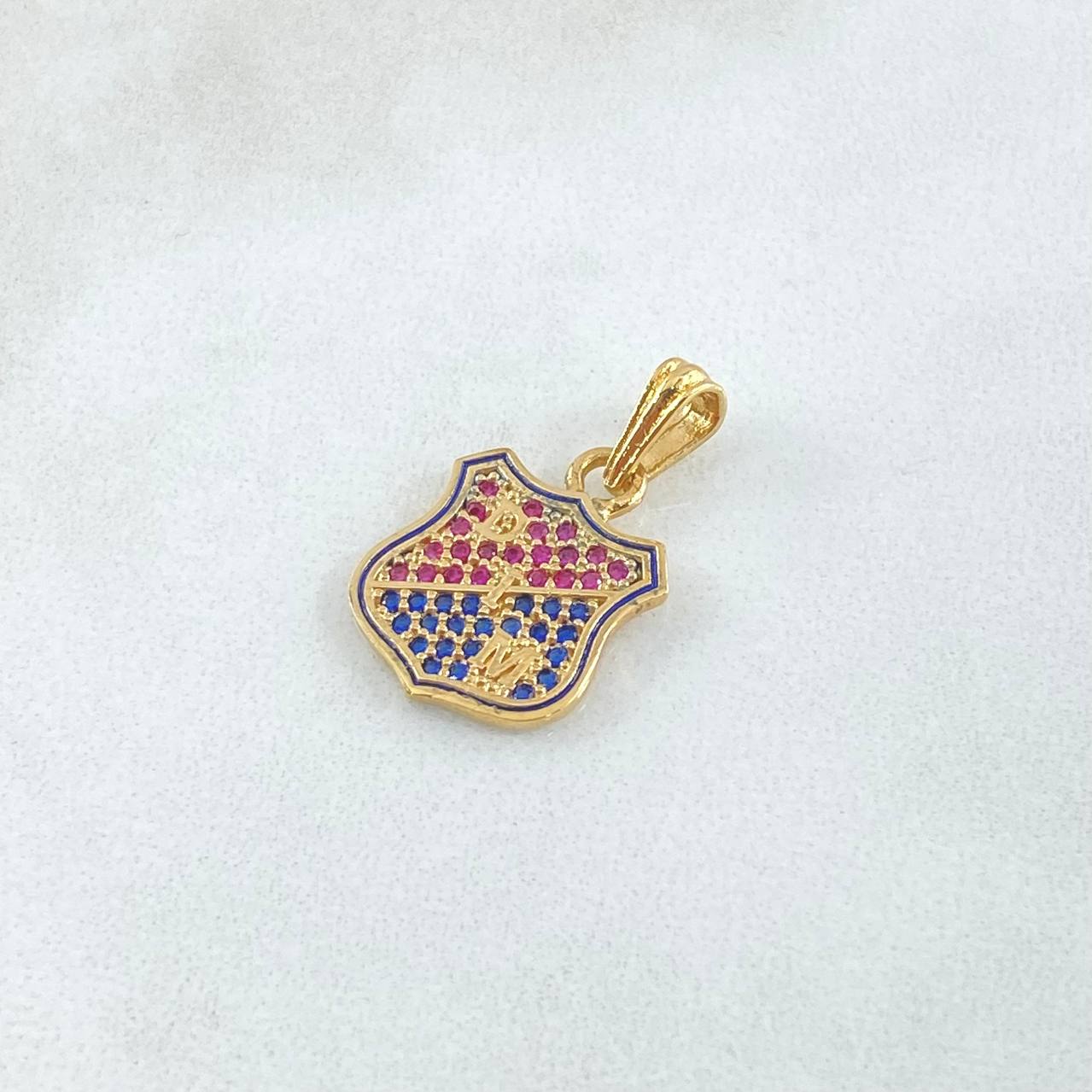 Dije Escudo Independiente Medellin 2gr / 2.2cm / Circones Fuscias Azules Oro Amarillo 18K ©