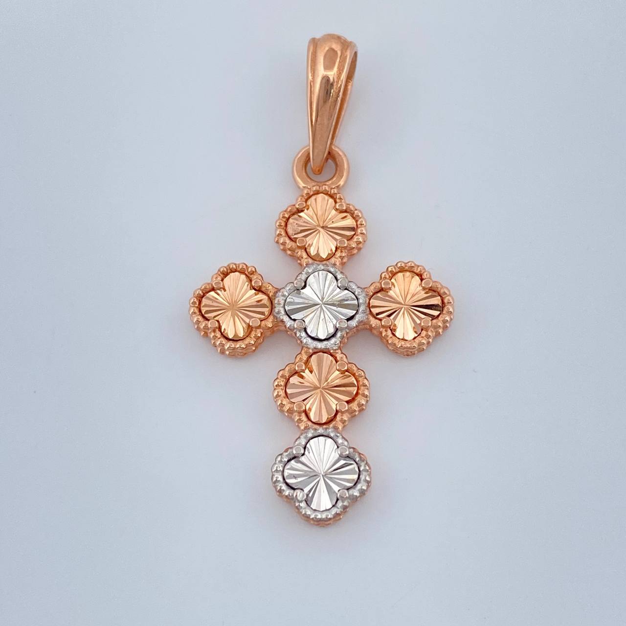Pendant Cross Clover 2.4gr / 1 1/4 in / Two Golds White Pink Nac.Esp. 18K +
