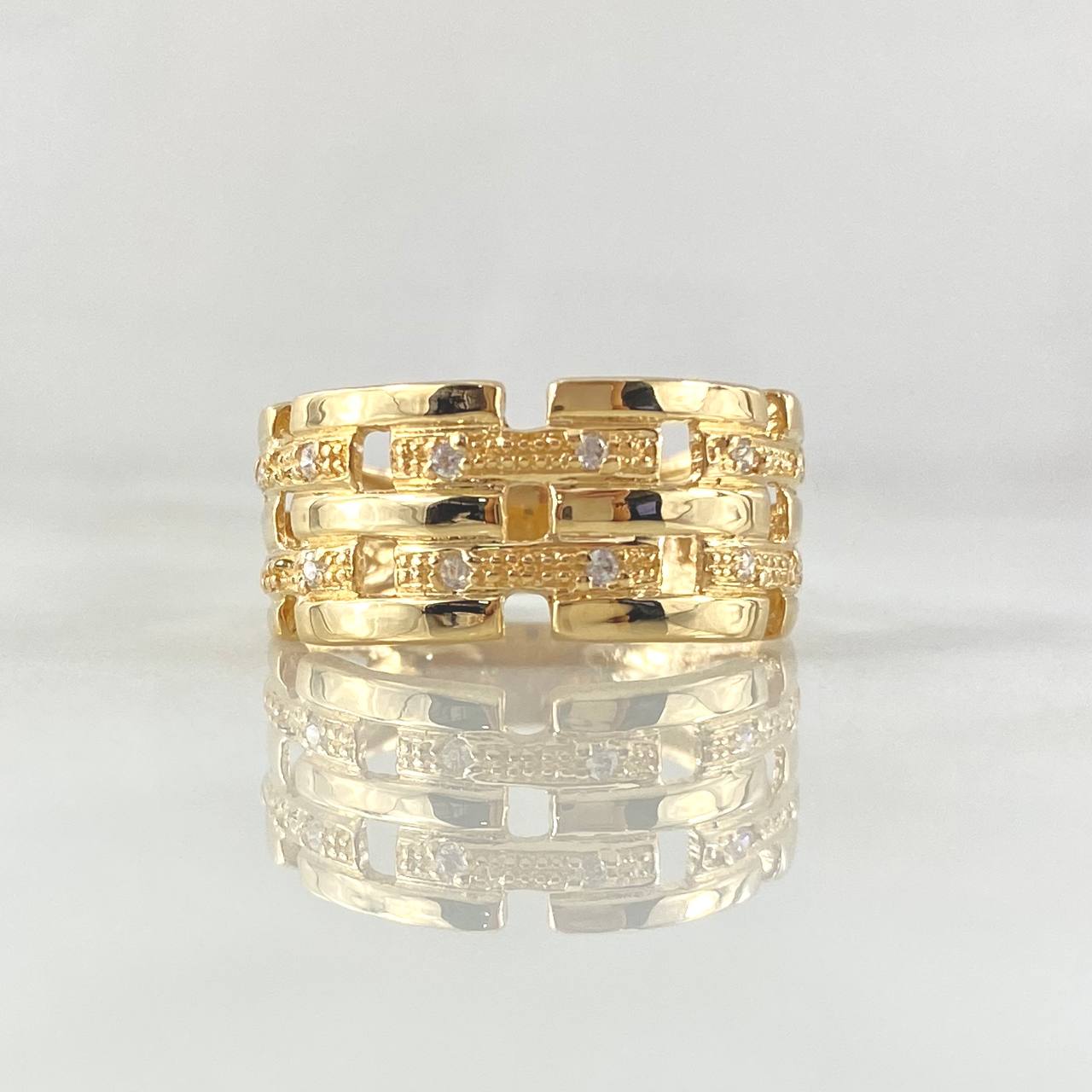 Anillo Doble Eslabon Rectangular 4gr / T8 1/4 / Circones Blancos Oro Amarillo 18K ©