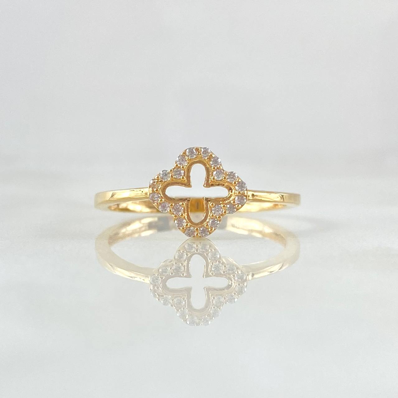 Anillo Flor Trebol 1.75gr / T7 3/4 / Circones Blancos Oro Amarillo 18K ©