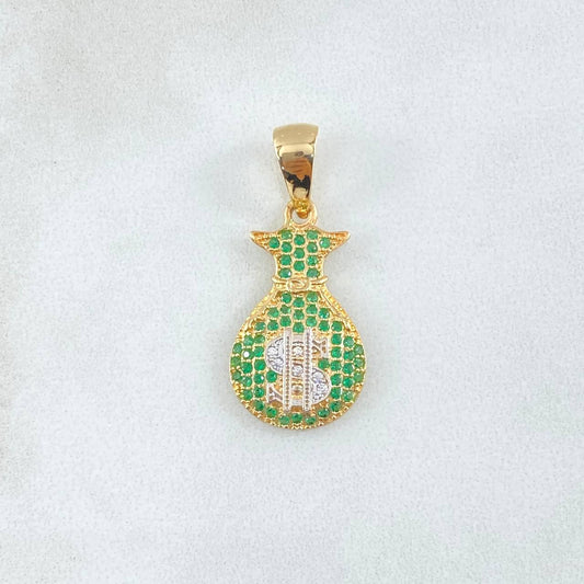 Pendant Money Bag 2.15gr / 3cm / White Green Zircons Two Yellow White Gold 18K *