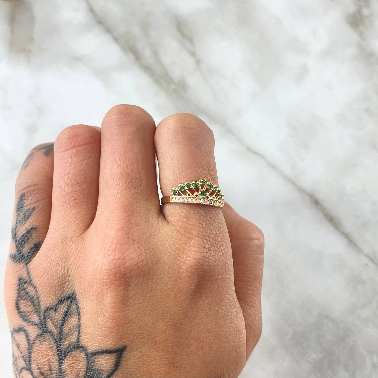 Peacock Crown Ring 2.05gr / T6 / White Green Zircons Yellow Gold 18K *