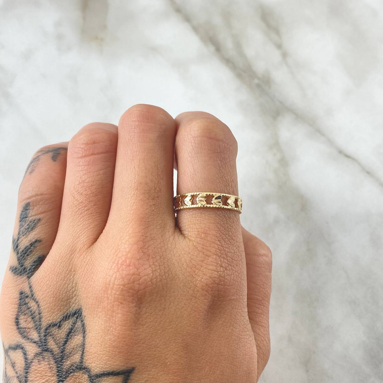 Ring Band Hearts Striped Internally 2.45gr / T6 3/4 / Diamond Cut Yellow Gold 18K *