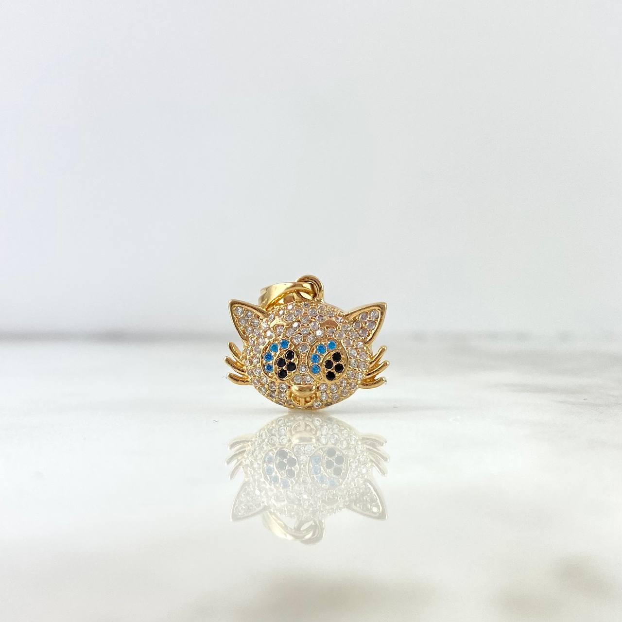 Pendant Cat 3.35gr / 2cm / White Blue Black Zircons Yellow Gold