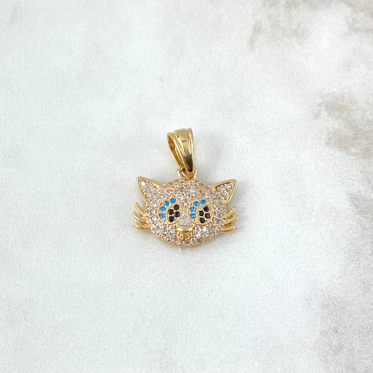 Pendant Cat 3.4gr / 2cm / White Blue Black Zircons Yellow Gold
