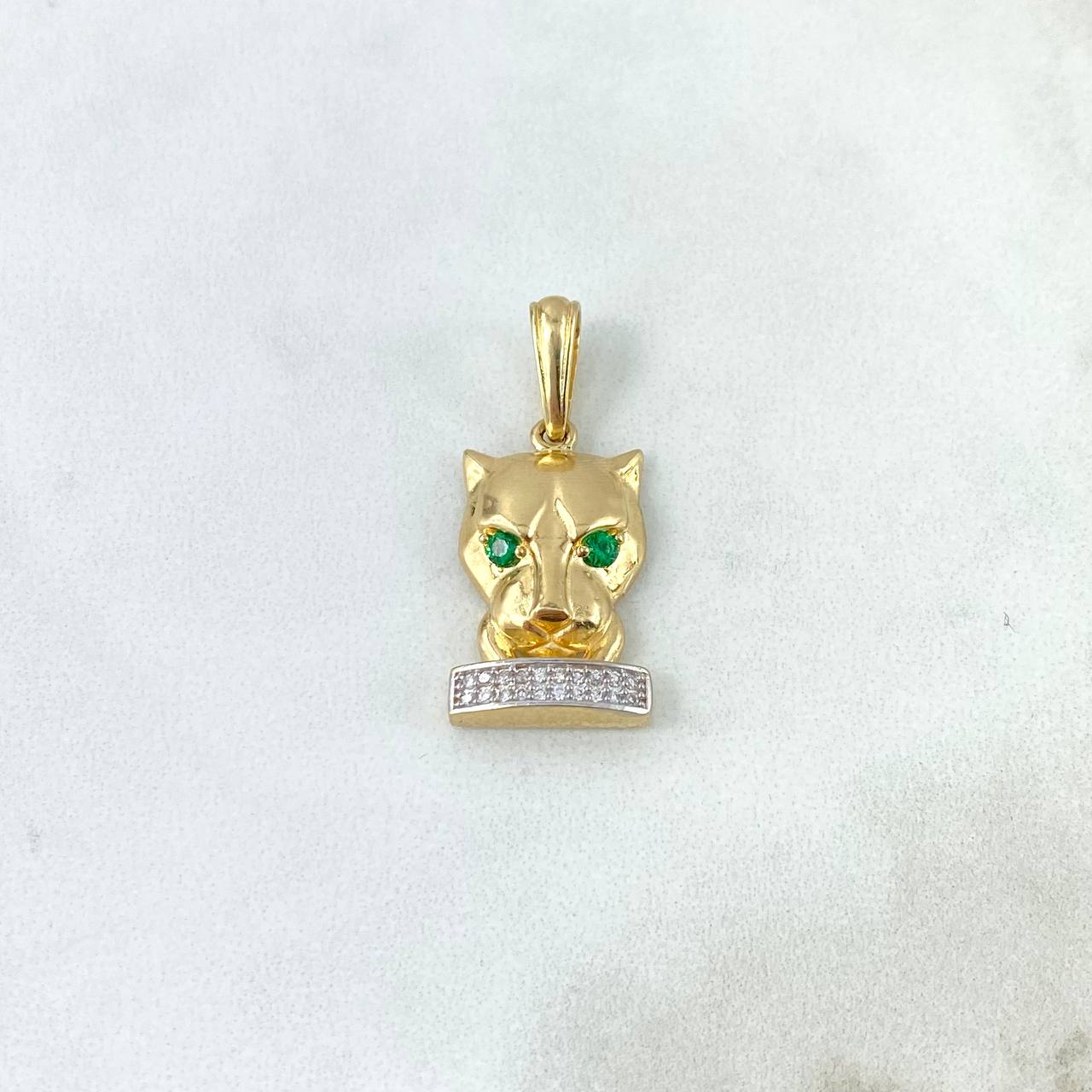 Pendant Panther Face 5.35gr / 3cm / White Green Zircons Two Golds Yellow White