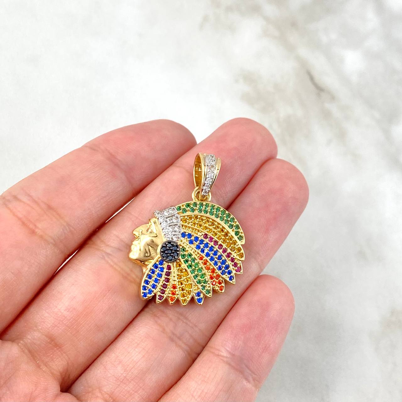 Pendant Indian 6.25gr / 3cm / Colored Zircons Two-tone Yellow White Gold