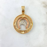 Pendant Circle Charm Horse 11.3gr / 4.3cm / White Zircons Three Golds