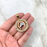 Pendant Circle Charm Horse 11.3gr / 4.3cm / White Zircons Three Golds