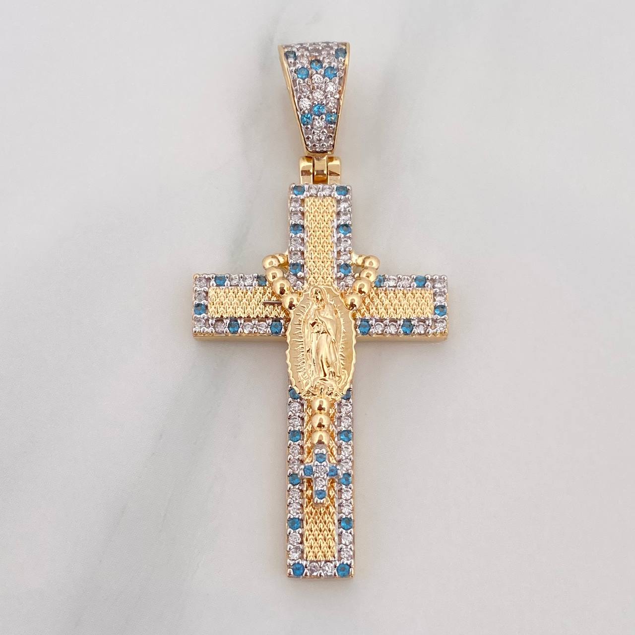 Dije Cruz Rosario Virgen Guadalupe 6.55 g / 1 3/4 in Dos Oros Amarillo Blanco 18K