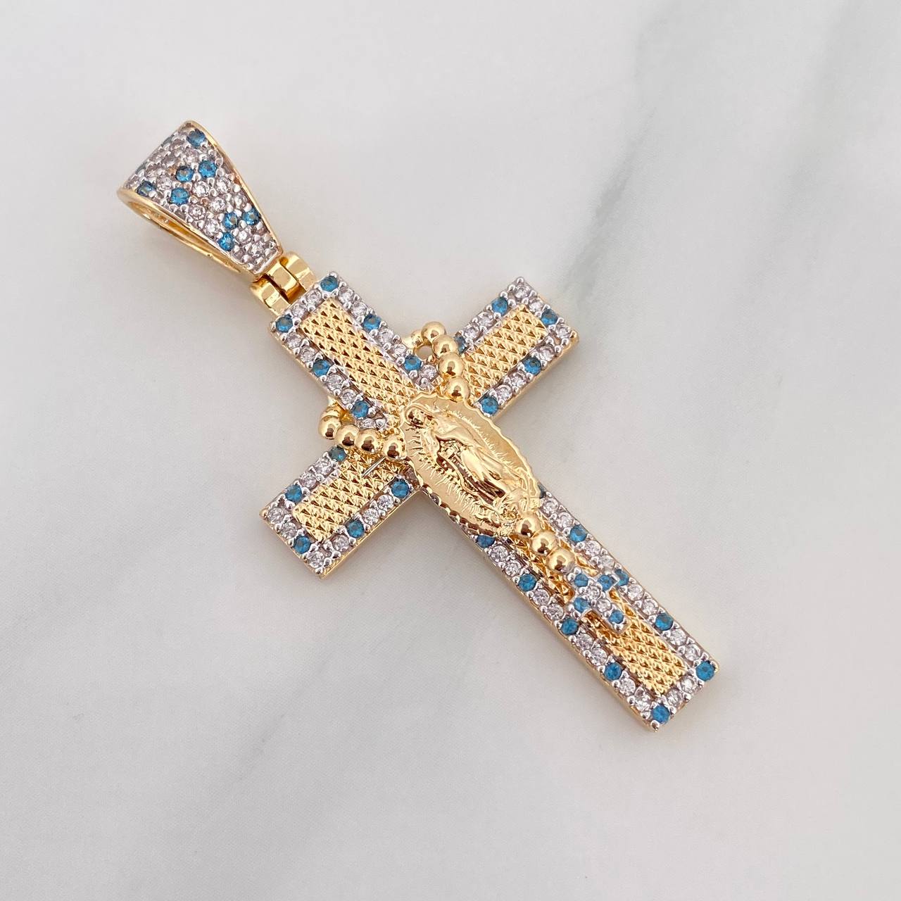 Dije Cruz Rosario Virgen Guadalupe 6.55 g / 1 3/4 in Dos Oros Amarillo Blanco 18K