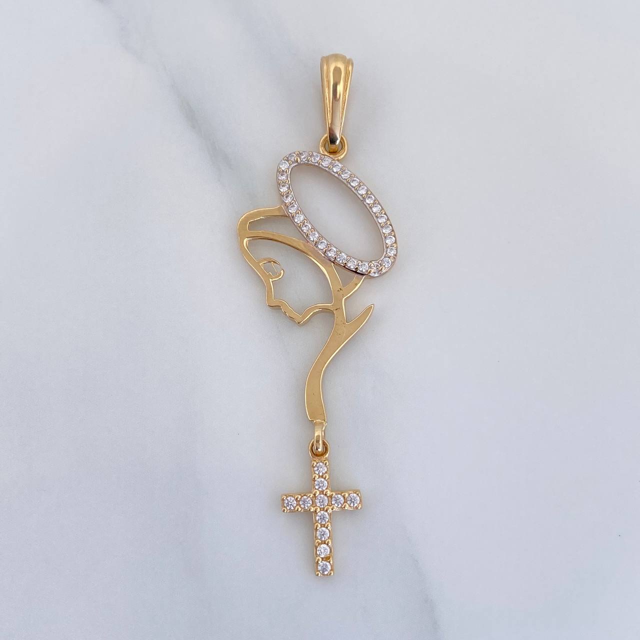 Pendant Virgin Mary Cross 2.6 g / 2 1/4 in Two Yellow White Gold 18K