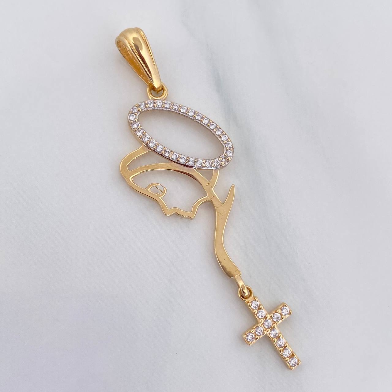 Pendant Virgin Mary Cross 2.6 g / 2 1/4 in Two Yellow White Gold 18K