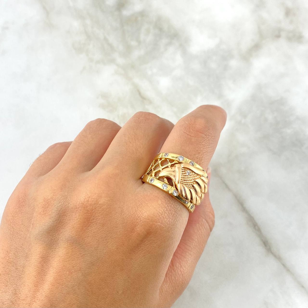 Eagle Ring 10.85gr-T10 White Zircons Two-tone Rose and Yellow Gold