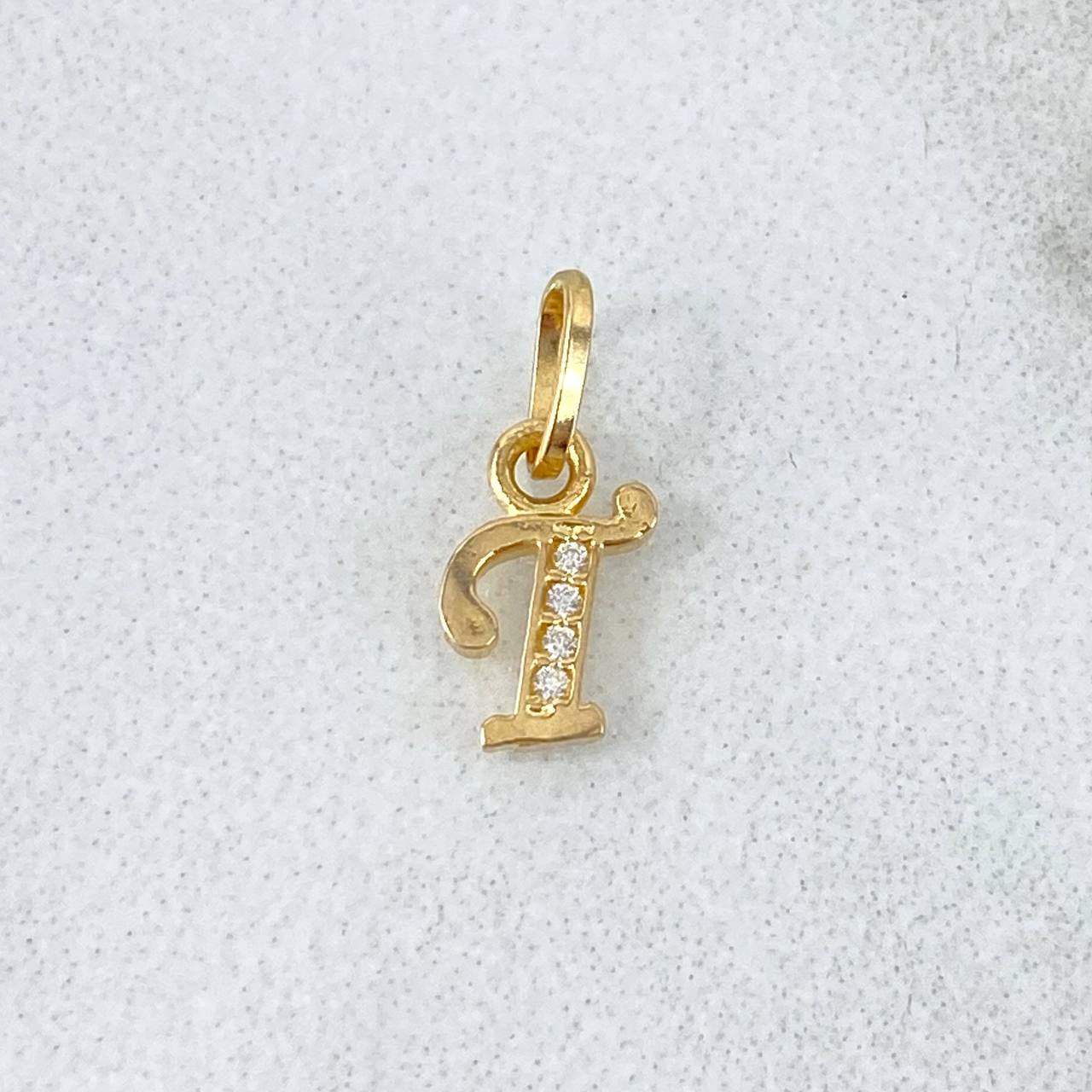 Pendant Letter T Italic 0.25gr / 1.1cm / White Zircons Yellow Gold