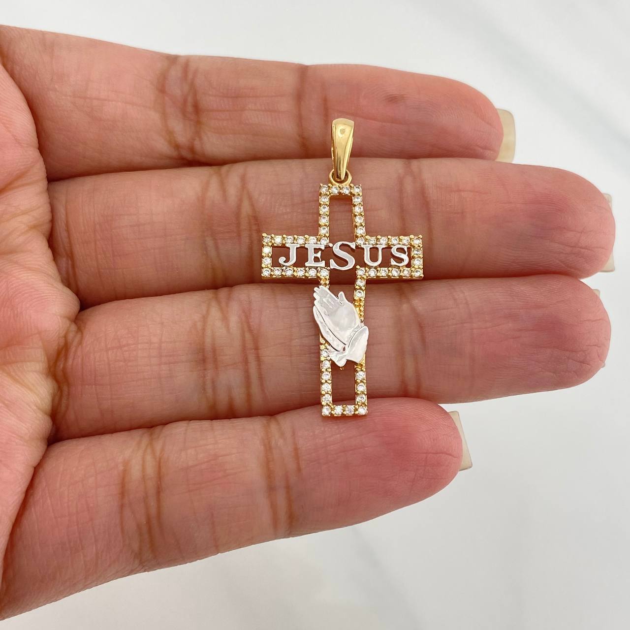 Pendant Cross Jesus 2.3 g / 1 1/2 in Two Golds Yellow White 18K