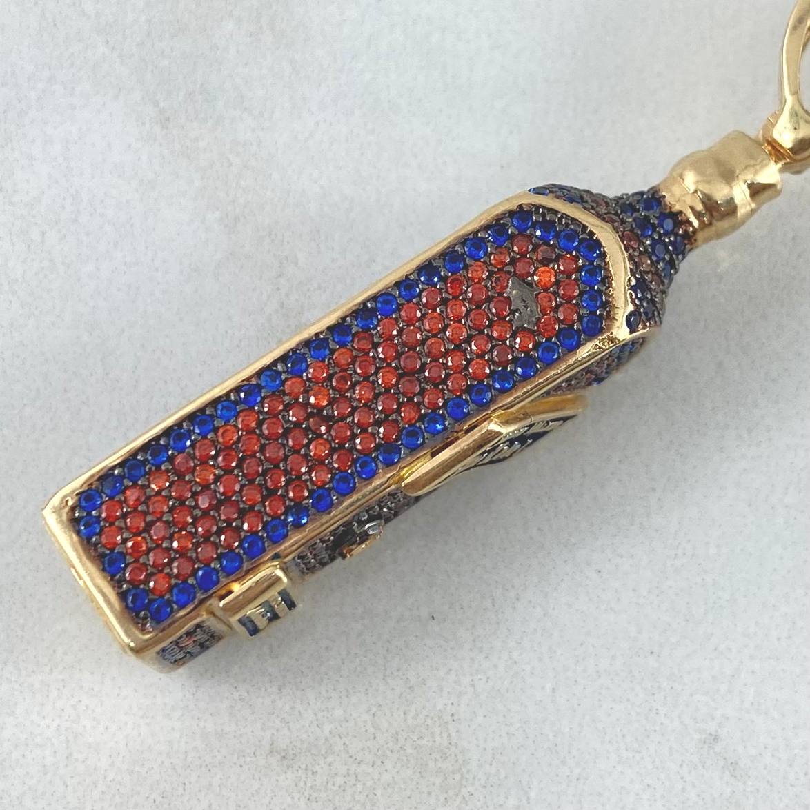Pendant Blue Label Bottle 12.35gr / 5cm / Blue - Orange Zircons Yellow Gold (Offer) ©