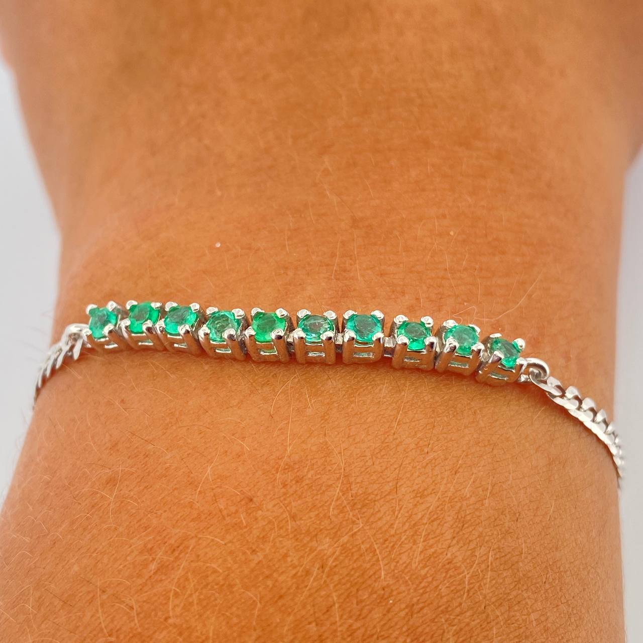 Pulso Tennis Cubano Esmeralda 4gr / 7 1/4 in / 3.32mm Plata 925 %