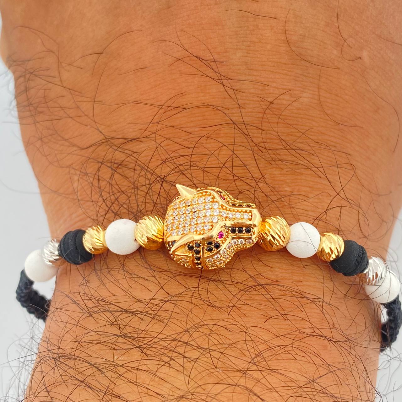 Pulsera Tejida Negra Pantera 6.05gr / Dos Oros Amarillo Blanco 18K %