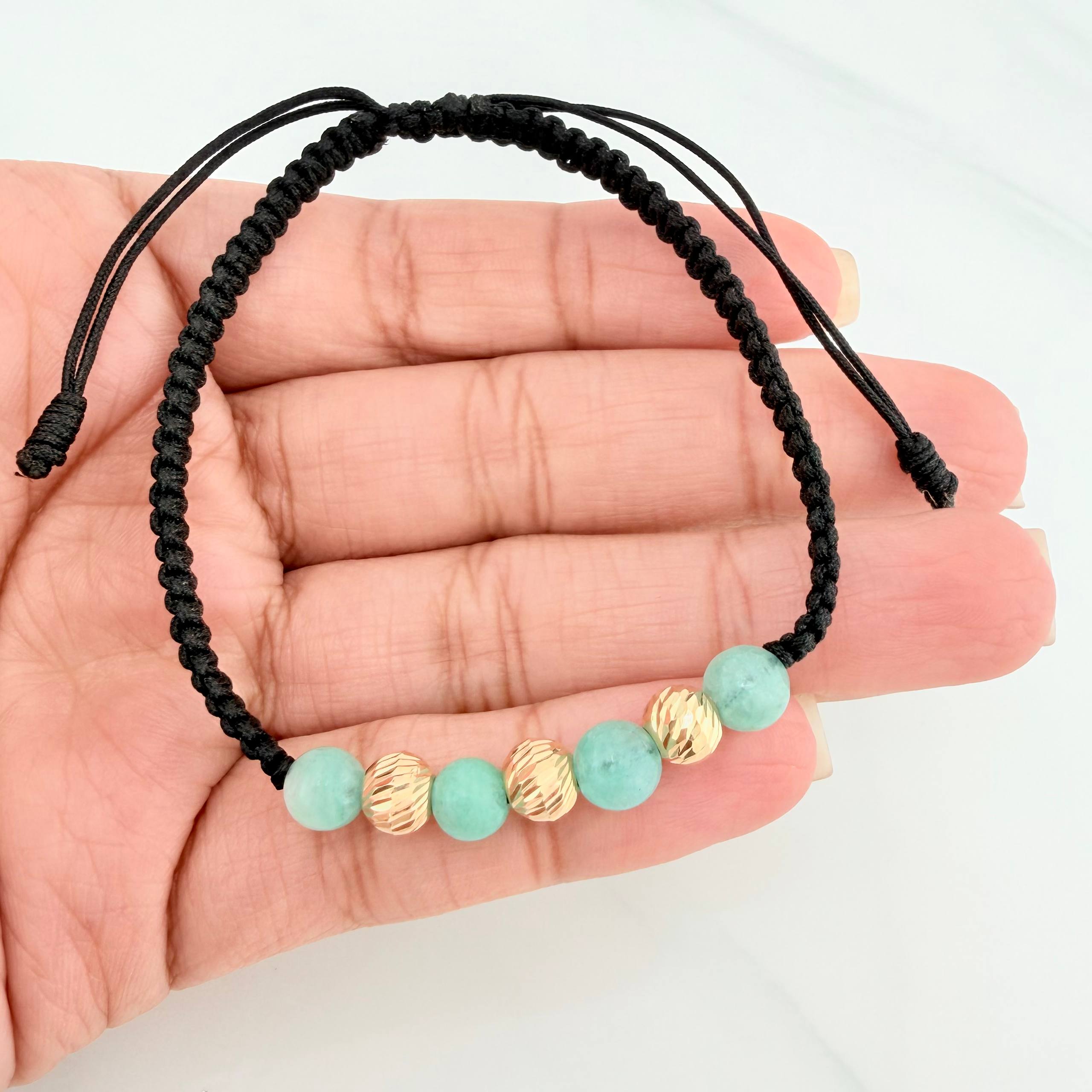Black Woven Bracelet Rough Emerald 4 Pcs / 5Mm 18K Yellow Gold