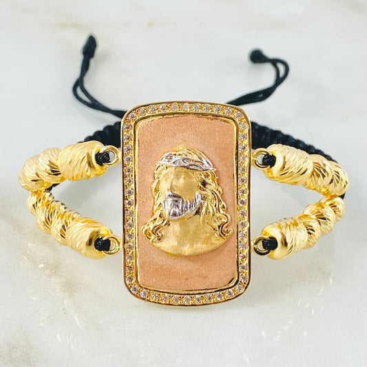 Pulsera Negra Herraje Rostro Jesús Relieve 14.7gr / 6mm-5mm Tres Oros 18K *