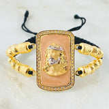 Pulsera Negra Herraje Rostro Jesús Relieve 14.7gr / 6mm-5mm Tres Oros 18K *