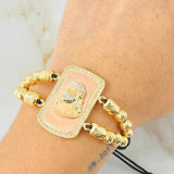 Pulsera Negra Herraje Rostro Jesús Relieve 14.7gr / 6mm-5mm Tres Oros 18K *