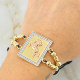 Pulsera Negra Herraje Recuadro Caballo 10.6gr / 5mm Tres Oros 18K *