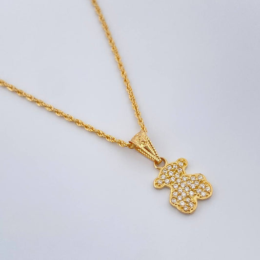 Set Cadena y Dije Lazo + Oso Ts 1.6gr / 17 3/4 in / 1mm Oro Amarillo 18K %