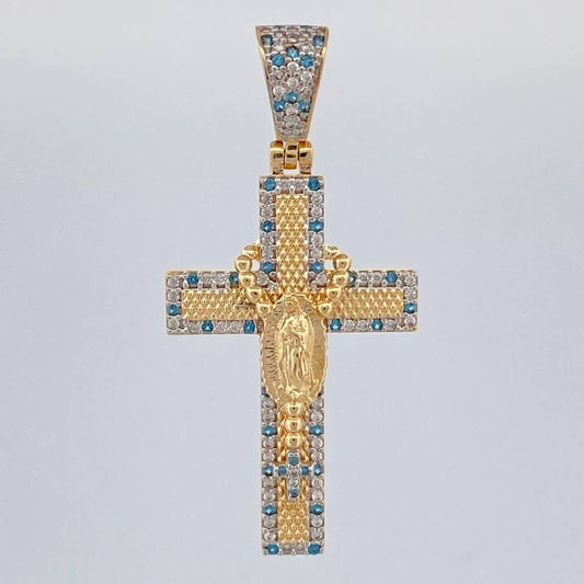 Dije Cruz Rosario Virgen Guadalupe 6.55 g / 1 3/4 in Dos Oros Amarillo Blanco 18K
