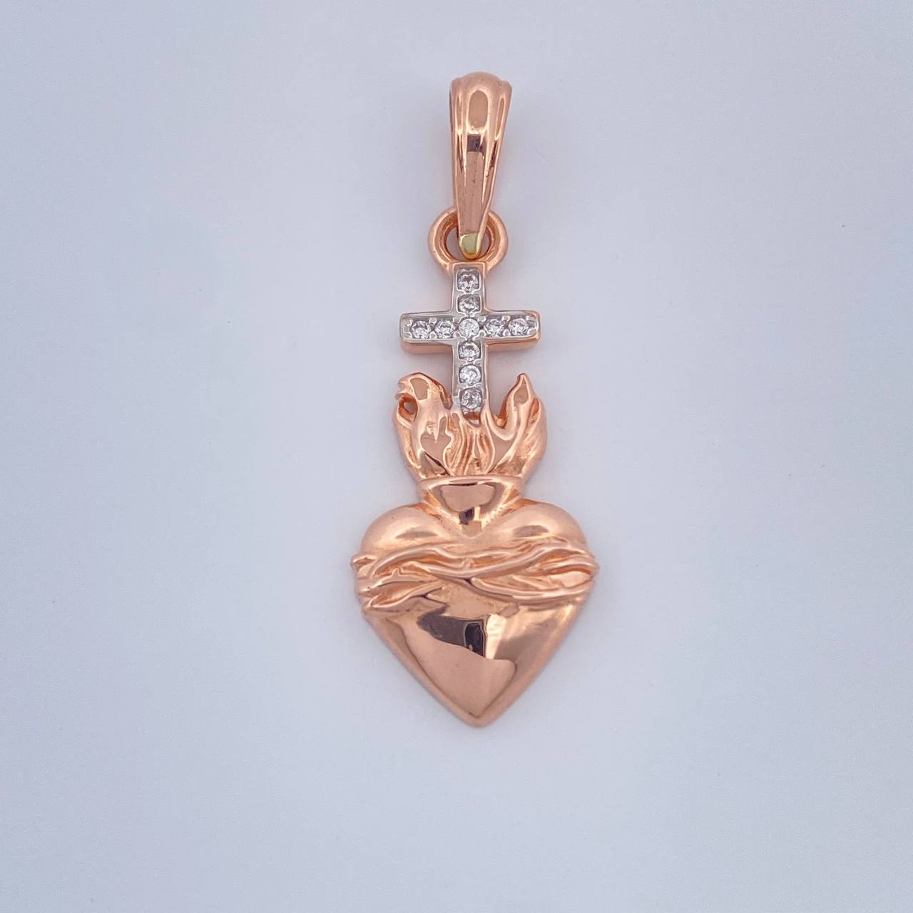Dije Cruz Sagrado Corazon 2.1gr / 1 1/4 in / Dos Oros Blanco Rosa 18K &