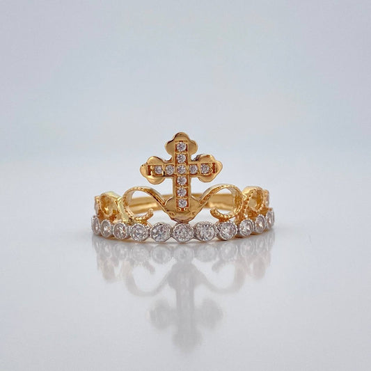 Anillo Corona Cruz 2.7g / T6 1/4 Dos Oros Amarillo Blanco 18K