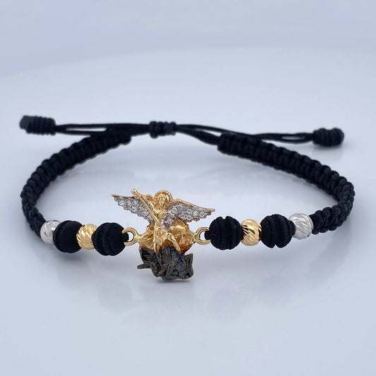Pulsera Tejida Negra San Miguel Arcangel 3.5gr / 4mm Tres Oros 18K %