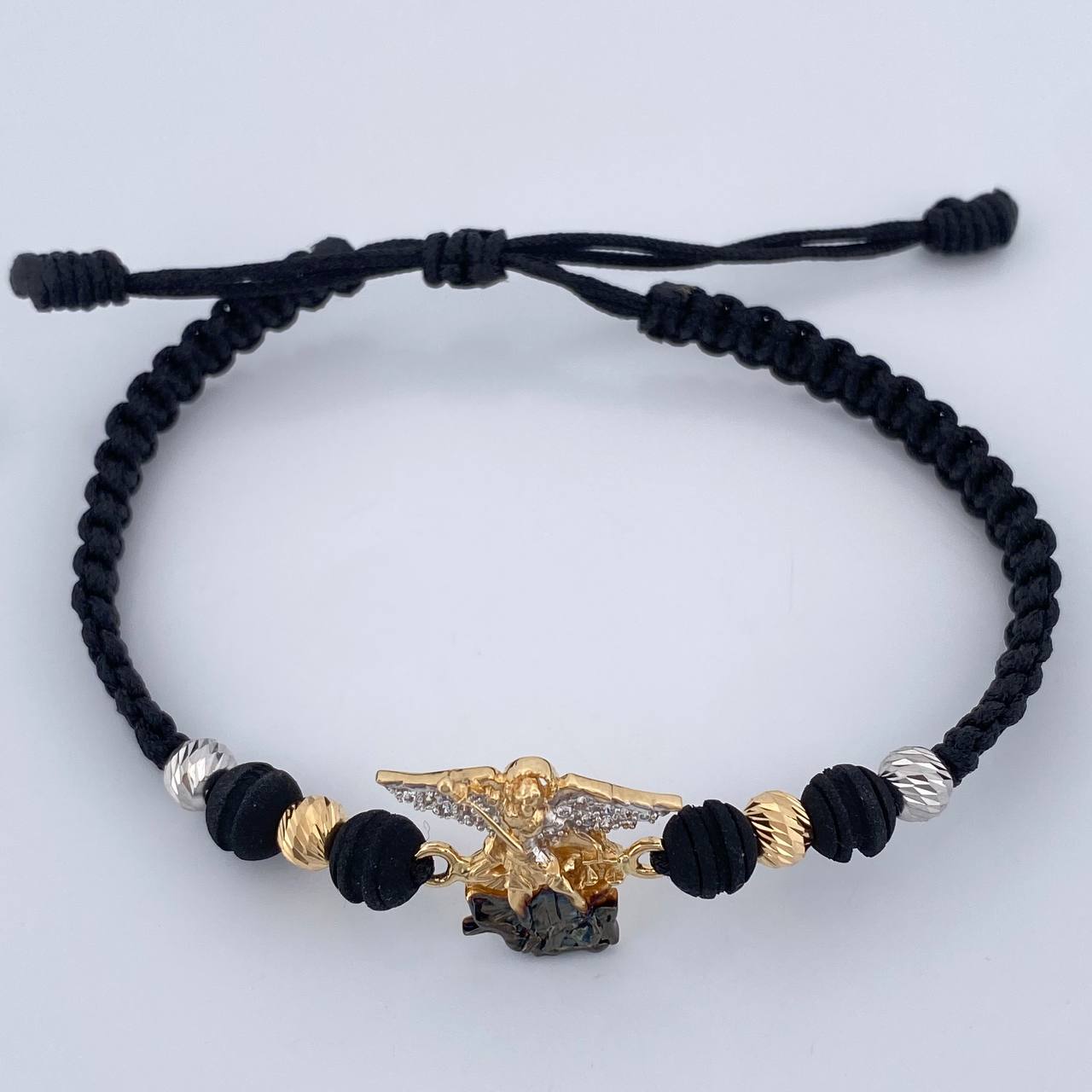 Pulsera Tejida Negra San Miguel Arcangel 3.5gr / 4mm Tres Oros 18K %