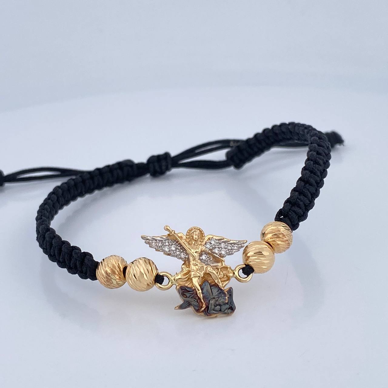 Pulsera Tejida Negra San Miguel Arcangel 3.55gr / 6mm Tres Oros 18K %