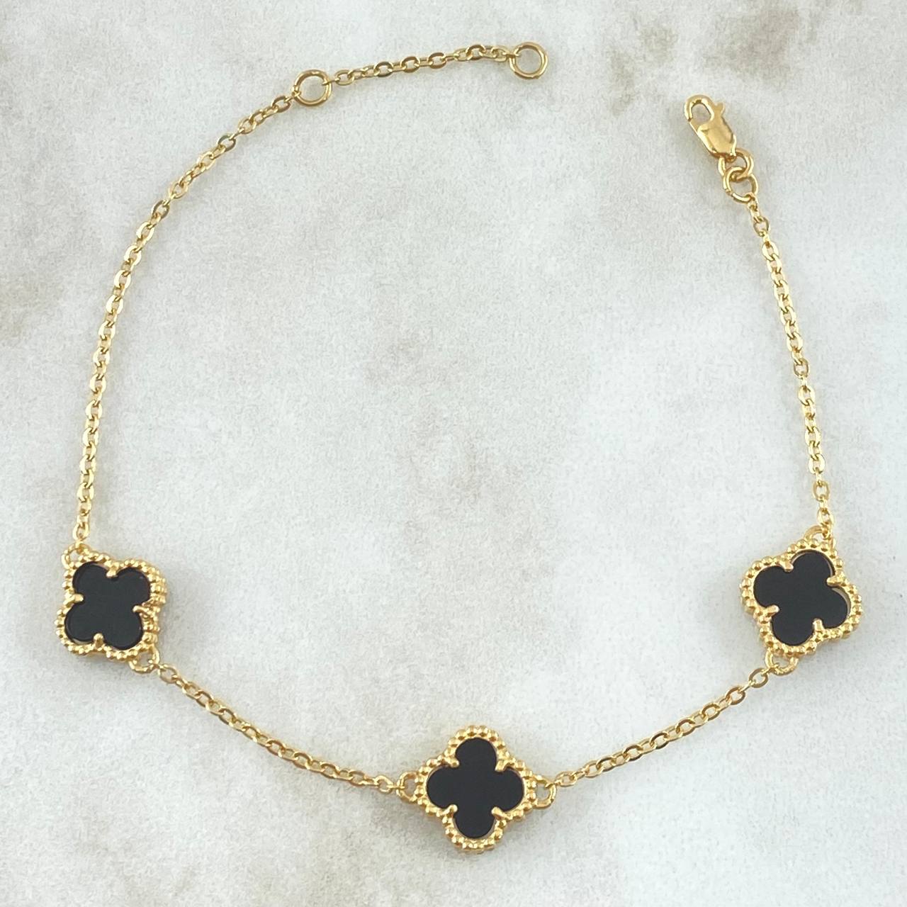 Classic Link Bracelet Gradual VCyA Clover 4.4gr / 16cm-19cm / 1.5mm Black Onyx Dotted 3pcs 18K Yellow Gold