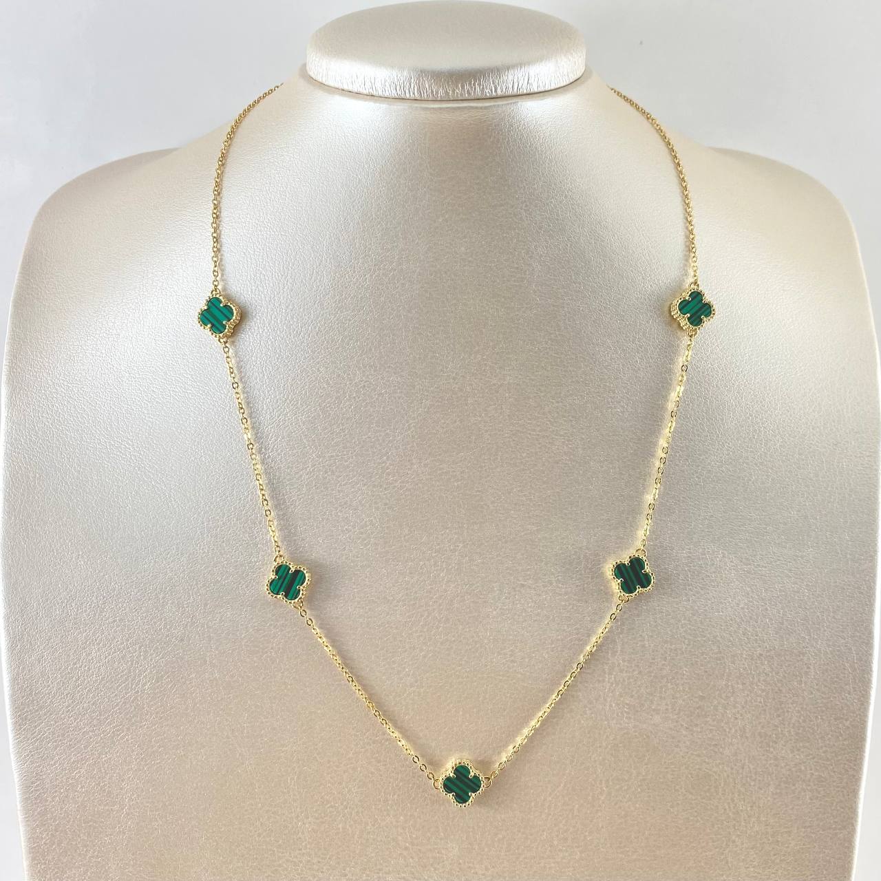 Cadena Aro Seguido Trebol VCyA 7.65gr / 45cm-50cm / 1.5mm Graduable Malaquita Verde Punteado Oro Amarillo  18K