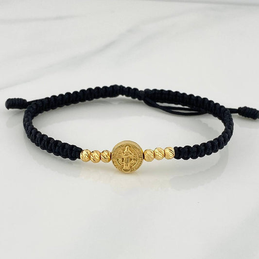 Pulsera Tejida Negra San Benito Oro Amarillo 18K