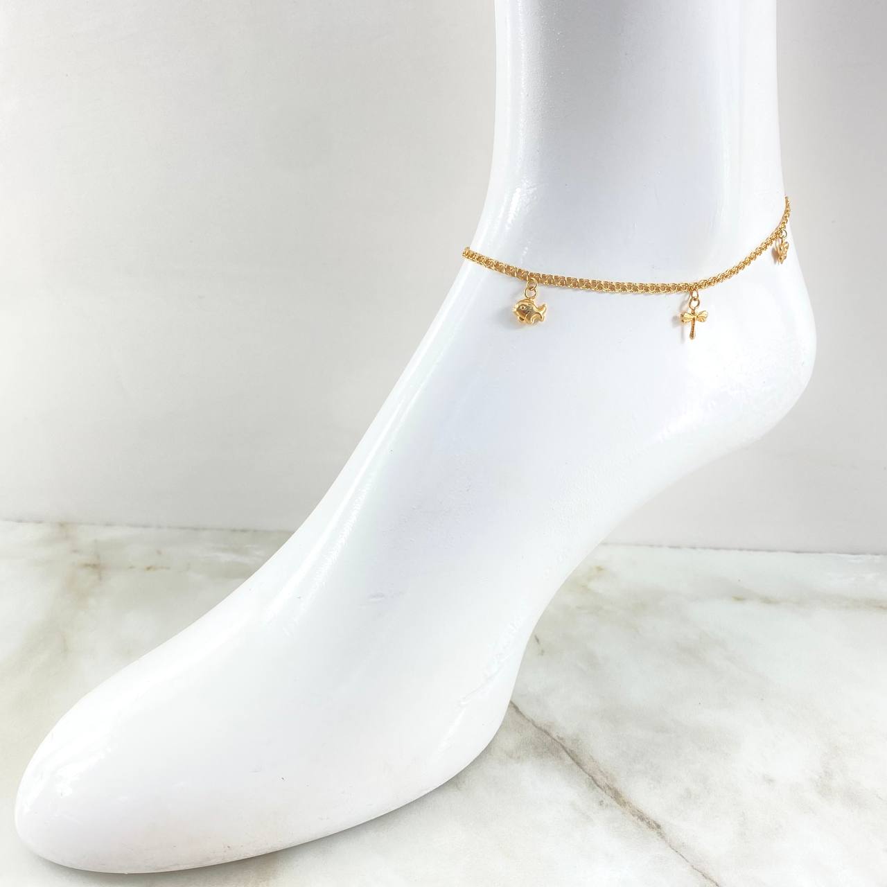 Classic Link Anklet 3.3gr / 25cm / 2.4mm Bear-Butterfly-Dragonfly-Fish-Dolphin 18K Yellow Gold ©