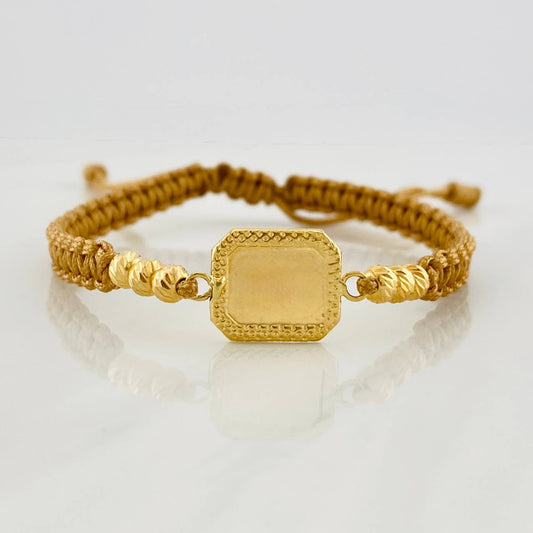 Pulsera Tejida Caqui Placa Cuadrada Punteada Oro Amarillo 18K