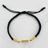 Black Woven Bracelet Square Dotted Plate Yellow Gold 18K